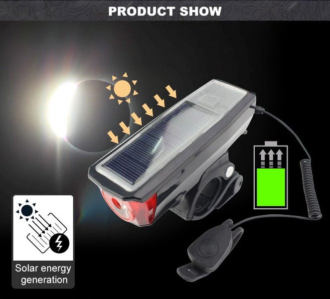 Solar Power Bike Front Light with Horn - Rechargeable/ Solar Front Light Carousel 2