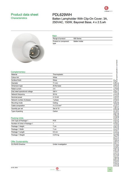 Batten Holder PDL629WH 150W 230/240VAC Bayonet Base White Clip-On Cover Carousel 2