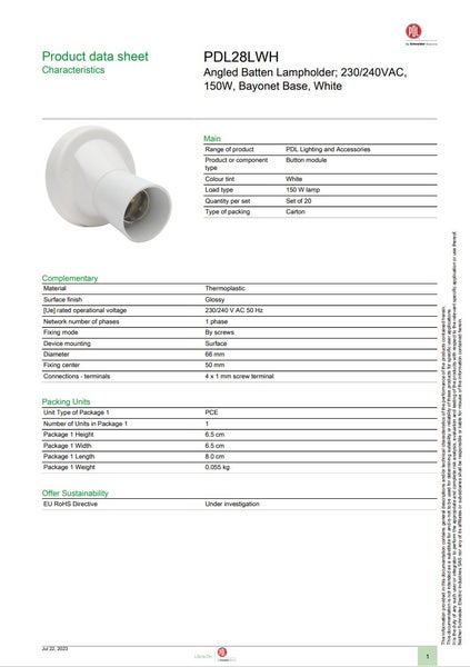 Angled Batten Holder PDL28LWH 150W 230/240VAC Bayonet Base White Carousel 2