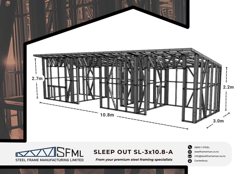 Sleepout Steel Frame Kitset - 3.0m x 10.8m (30m2 inside frame) *FREE DELIVERY!* Carousel 1