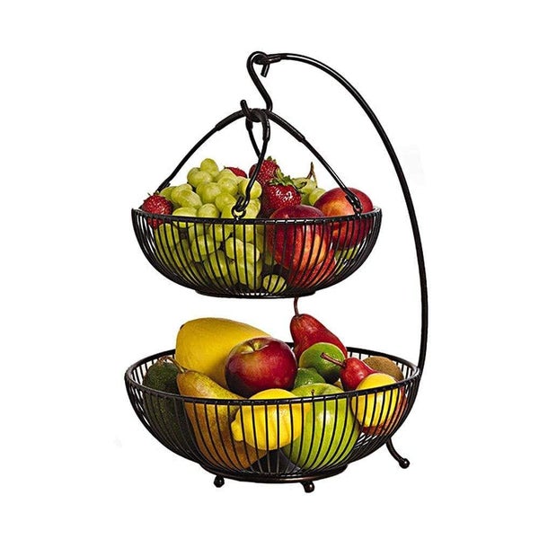 STORAGE KITCHEN FRUIT BASKET DESSERT HOLDER ROUND 2-TIER WITH BANANA HOOK Carousel 2