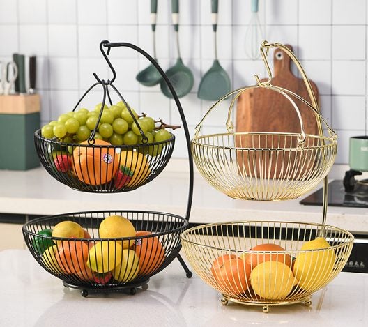 STORAGE KITCHEN FRUIT BASKET DESSERT HOLDER ROUND 2-TIER WITH BANANA HOOK Carousel 1