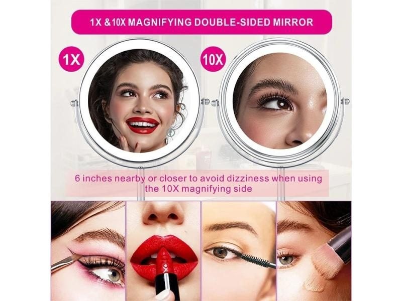 8inch 10X Magnifying LED Makeup Mirror 3 Color Light Touch Switch Double Side Carousel 1