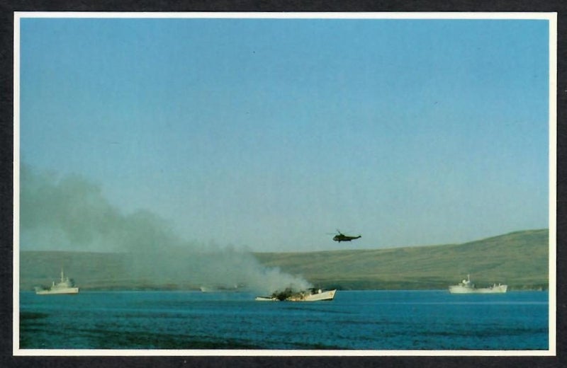 FALKLANDS WAR HMS ANTELOPE breaks in half Coloured Postcard -44070 Carousel 1