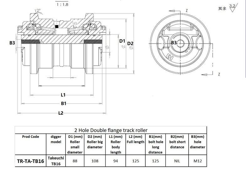 Track Roller for takeuchi TB16 double flange part no: X03313-06000-1 Carousel 2