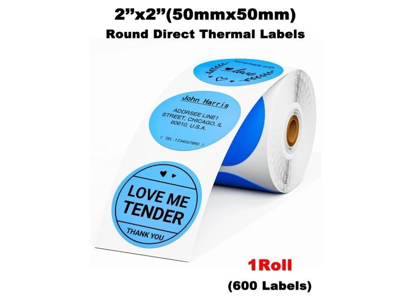 Thermal Labels Sticker Round 2 Inch (Blue 600 Labels/Roll) Self-Adhesive Round Carousel 1
