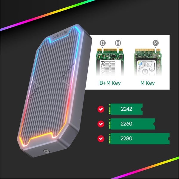 UNITEK USB-C to M.2 SSD Enclosure with RGB Lights in Alloy Housing. Supports USB Carousel 6