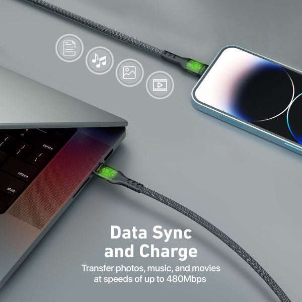 PROMATE 1.2m USB-C to Lightning Cable with Transparent Connectors & LED''s. Supp Carousel 2