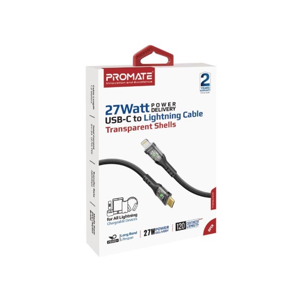 PROMATE 1.2m USB-C to Lightning Cable with Transparent Connectors & LED''s. Supp Carousel 4