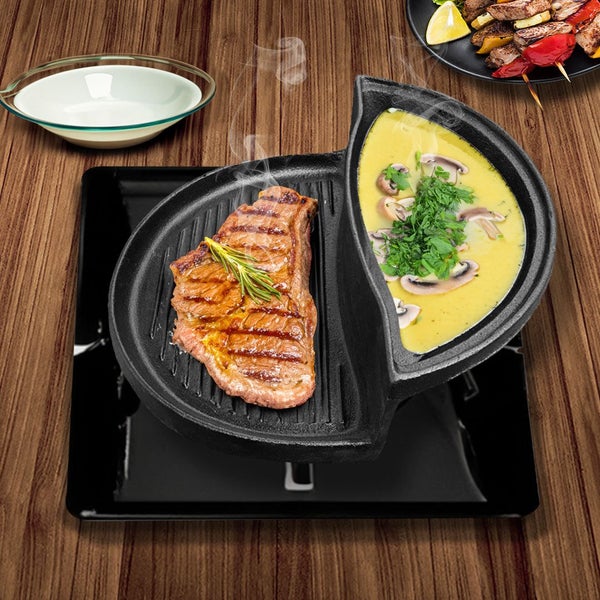 SOGA 2X 2 in 1 Cast Iron Ribbed Fry Pan Skillet Griddle BBQ and Steamboat Hot... Carousel 7