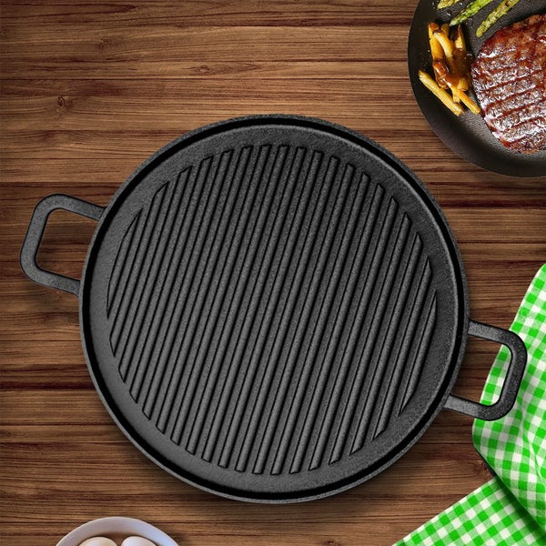 SOGA 2X 30cm Ribbed Cast Iron Frying Pan Skillet Steak Sizzle Platter Carousel 2