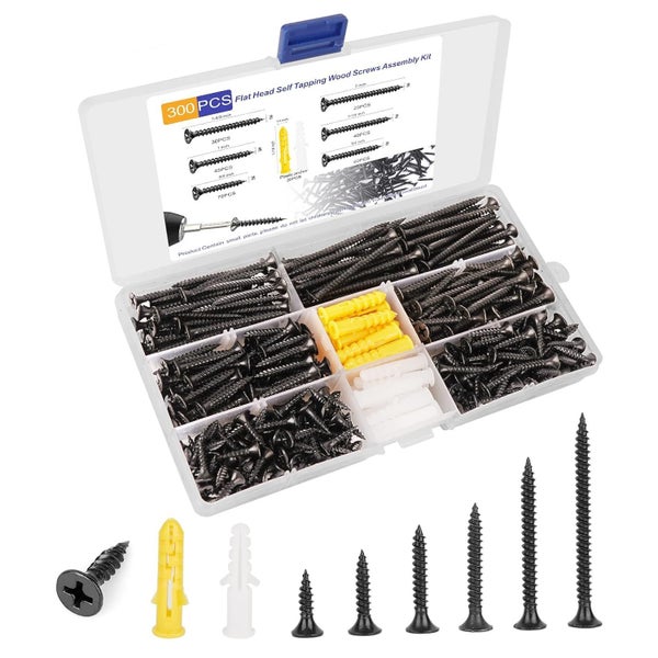 #6 Black Wood Screws Assortment Fasteners Kit 300pcs Wire Carousel 1