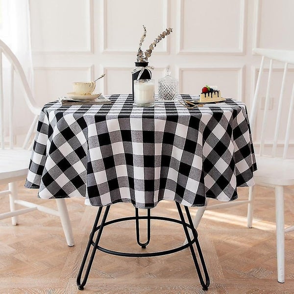 Fabric Cotton Linen Round Plaid Tablecloth black Plaid Desk Table Home Kitchen D Carousel 1