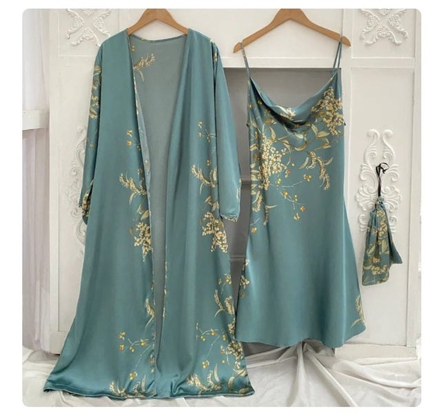 Print 2pcs Robe Sleep Suit Women Bridal Kimono Bathrobe Gown Lingerie Satin Carousel 1