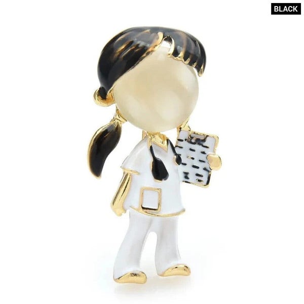 Black Brown Hair Doctor Nurse Brooch Enamel Hospital Figure Pin Carousel 1