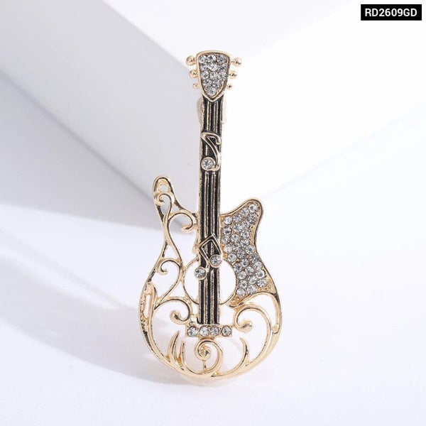 Guitar Brooch Pin Punk Spirit Hollow Out Design Rhinestone Accents Carousel 1