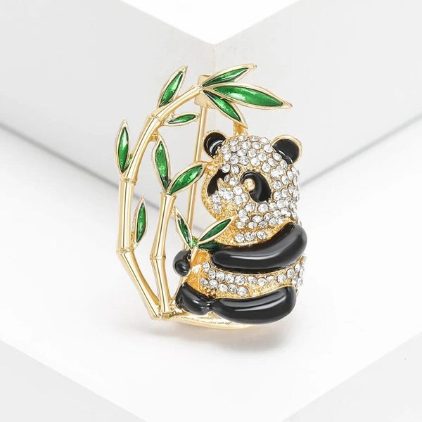 Panda Lapel Pin Rhinestone Bamboo Badge For School Office And Parties Carousel 1