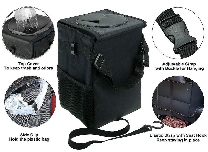 Car Trash Can With Lid - Car Trash Bag Hanging With Storage Pockets Collapsible Carousel 2