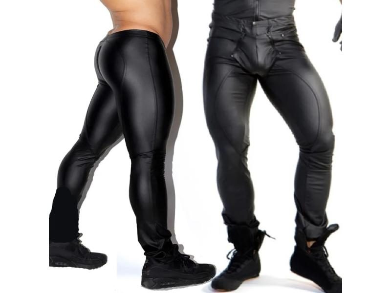 Fashion Black Men's PU Leather Leggings Motorcycle Pants Wet Look Carousel 2