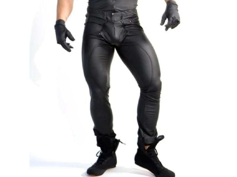 Fashion Black Men's PU Leather Leggings Motorcycle Pants Wet Look Carousel 1