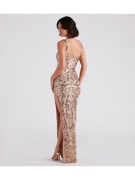 Denny square neck sequin ball gown in gold s6 Express NZ wide63617772938371114