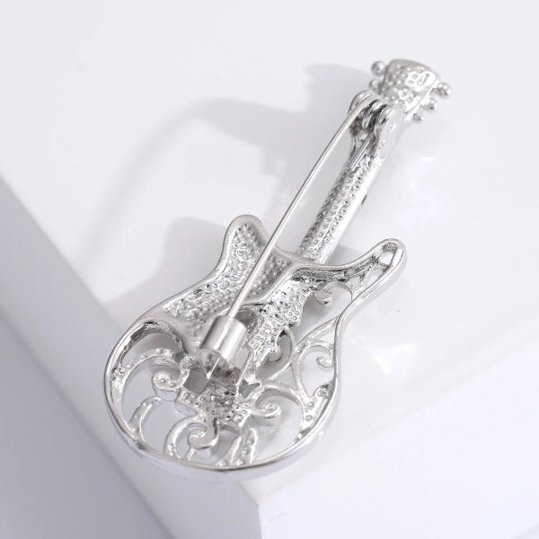 Guitar Brooch Pin Punk Spirit Hollow Out Design Rhinestone Accents Carousel 4