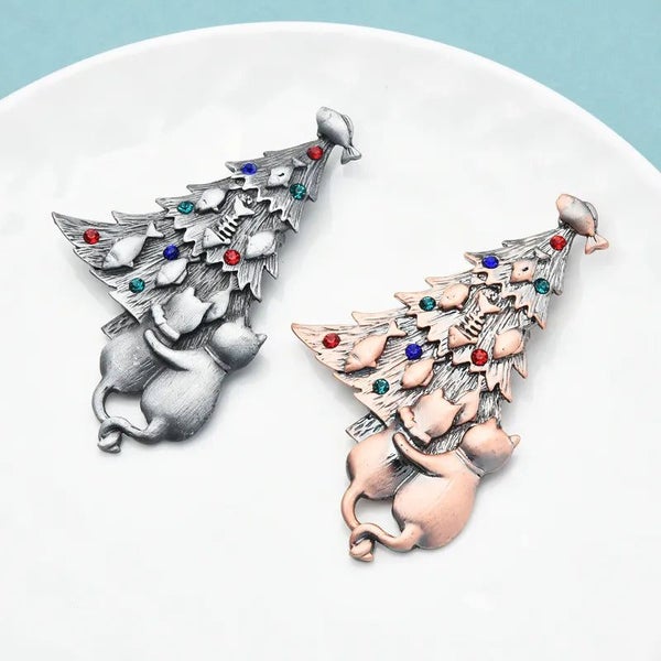 Vintage Christmas Tree Brooch Couple Cats Girls Carousel 5
