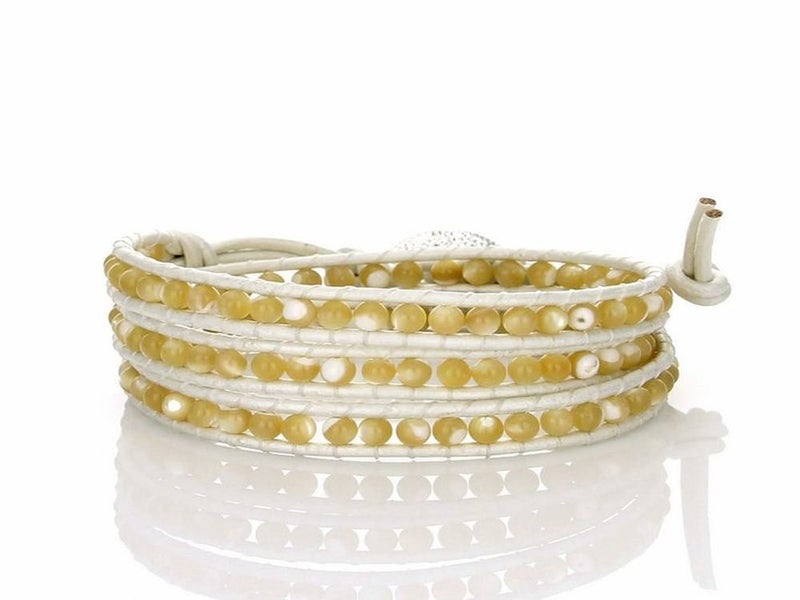 Wrap Mother of Pearl bead On Metallic White Leather Bracelet Carousel 1