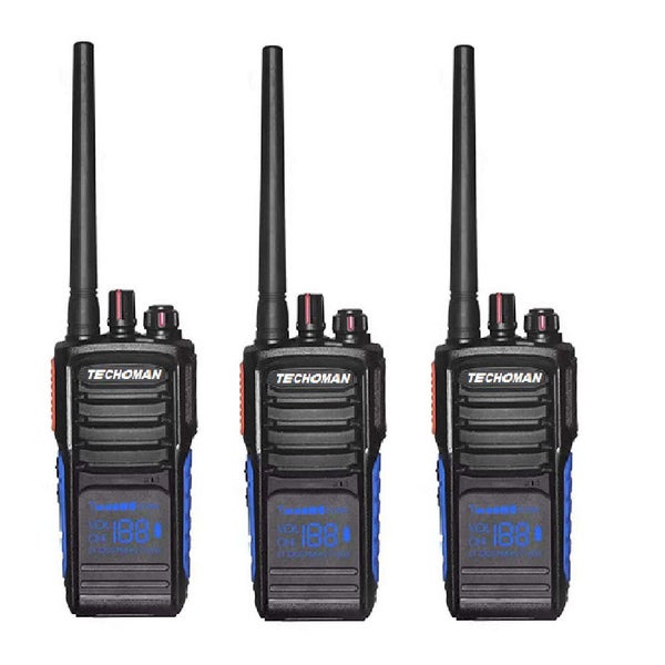 3x TECHOMAN TM820P UHF PRS 5 Watt 168 Channel Walkie Talkies Blue/Orange Carousel 1
