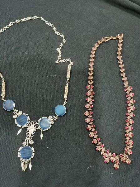 Vintage copper & red crystal necklace silver w blue agate discs caged gemstones Carousel 1
