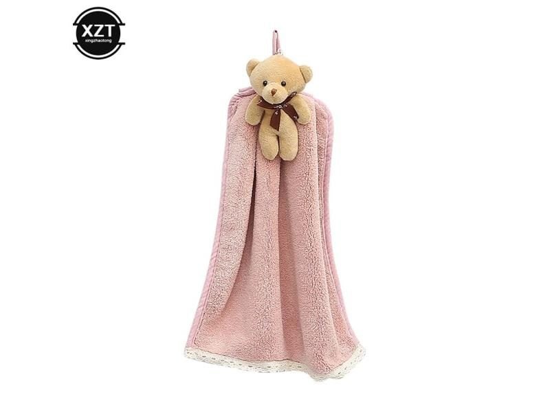 Cute Bear Quick-Dry Coral Fleece Kitchen Toilet Towel Absorbent Plush Hanging Carousel 1