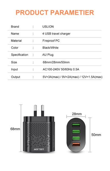 USLION 48W 3.1A 4 ports Powerful Fast Charger (Black) Carousel 8
