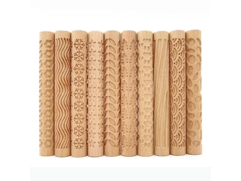 Wooden Texture Rolling Pin Ceramic Pottery Art Embossed Rod Flower Pattern Mud Carousel 2