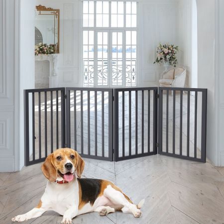 Wooden Pet Gate Dog Fence Retractable Barrier Portable Door 4 Panel Grey Carousel 1