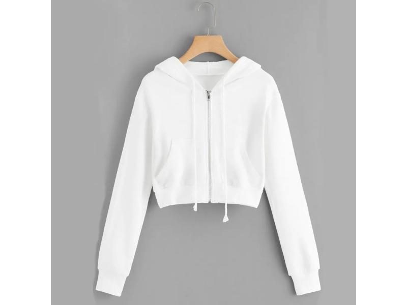 Autumn Cropped Sweatshirts Women Casual Solid Long Sleeve Hoodies Zipper Pocket Carousel 2