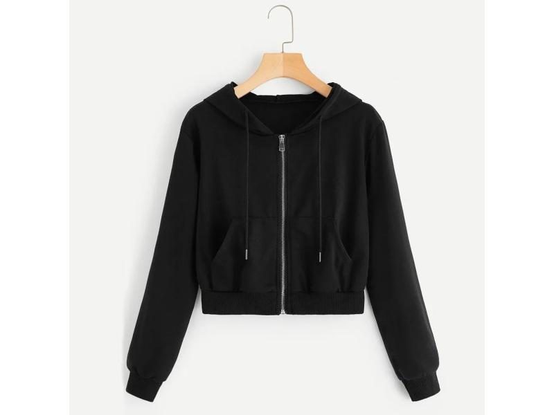 Autumn Cropped Sweatshirts Women Casual Solid Long Sleeve Hoodies Zipper Pocket Carousel 1