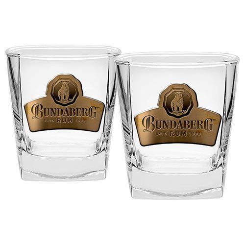 Bundaberg Rum Bundy Bear Set of 2 Glass Spirit Glasses Metal Badge Carousel 1