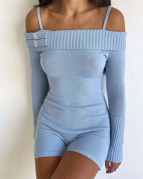 Solid Knitted Playsuits Women Sexy Off Shoulder Long Sleeve Spaghetti Carousel 2