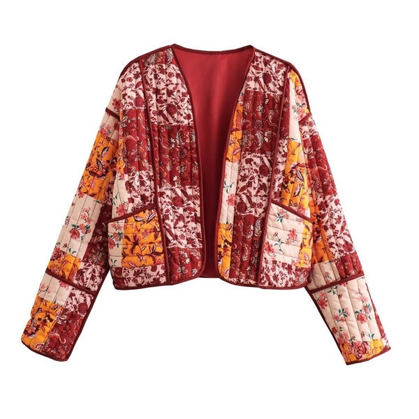 Women's Print Cardigan Jacket Short V-neck Quilted Cotton Coat Carousel 1