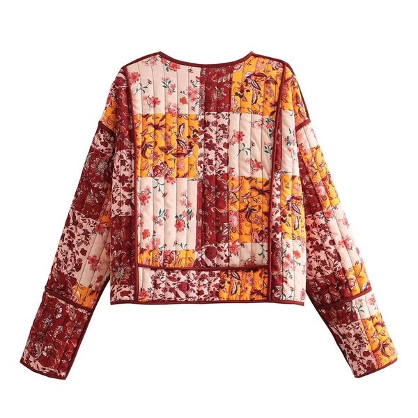 Women's Print Cardigan Jacket Short V-neck Quilted Cotton Coat Carousel 2