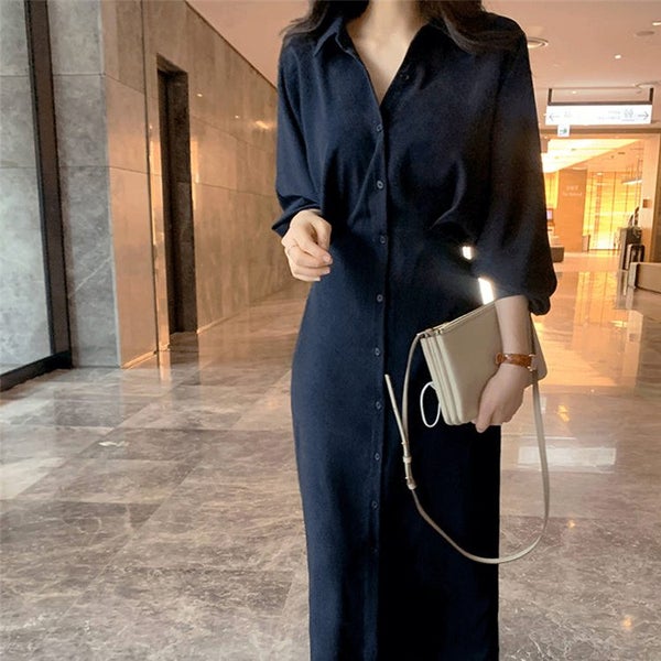 Women Single Breasted Elegant Minimalist Style Women Shirt Dress Long Carousel 1
