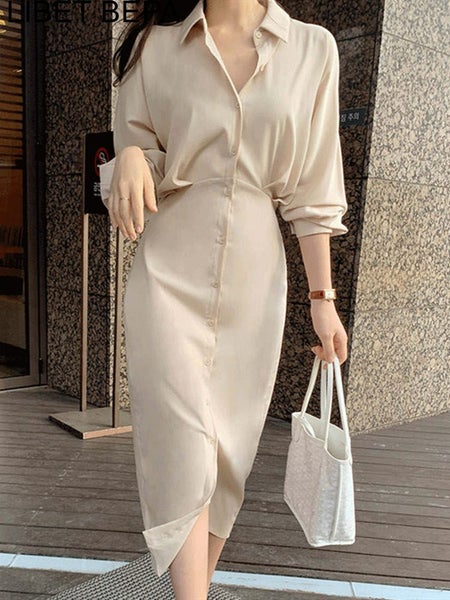 Women Single Breasted Elegant Minimalist Style Women Shirt Dress Long Carousel 2