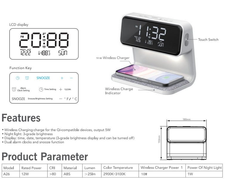 Desk Lamp with Wireless Charging Alarm Clock Desktop Clock Night Light Carousel 7
