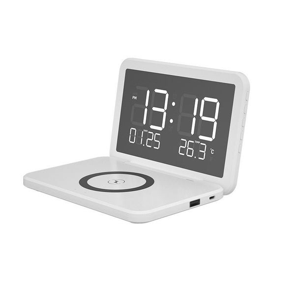 Digital Clock with Wireless Charging LED Mirror Digital Alarm Clock White Carousel 1