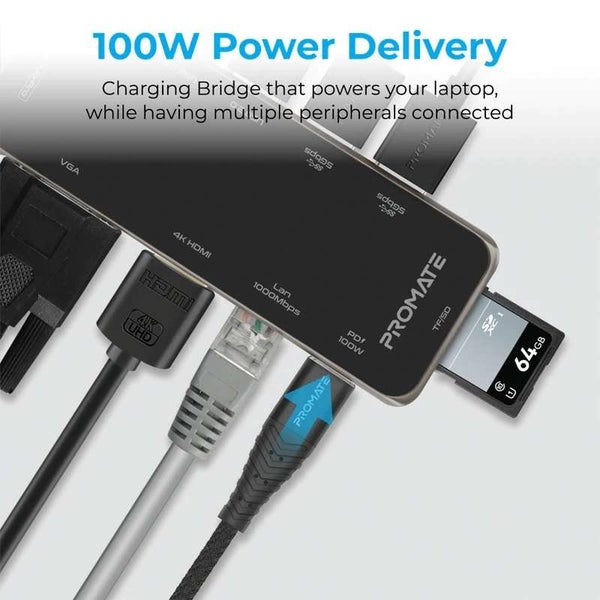 Promate USB-C Docking Station - 11-in-1 HUB with 100W PD (PRIMEHUB-PRO.GRY) Carousel 2