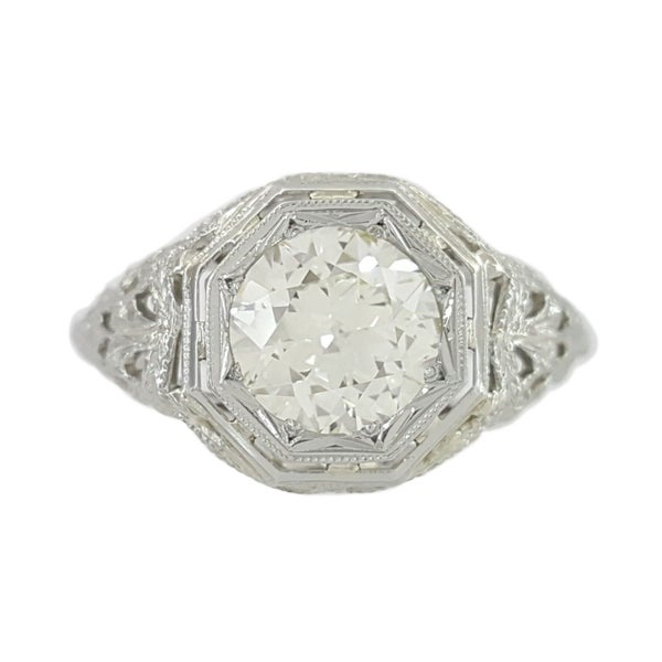 Vintage Art Deco 18k Gold 1.30ctw Old European Diamond Filigree Engagement Ring Carousel 1