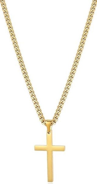 Mens Titanium Steel Cuban Link Chain with Cross Pendant in 14K Gold - SALE! Carousel 1