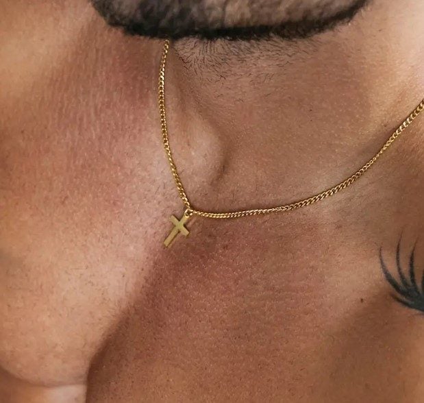Mens Titanium Steel Cuban Link Chain with Cross Pendant in 14K Gold - SALE! Carousel 3