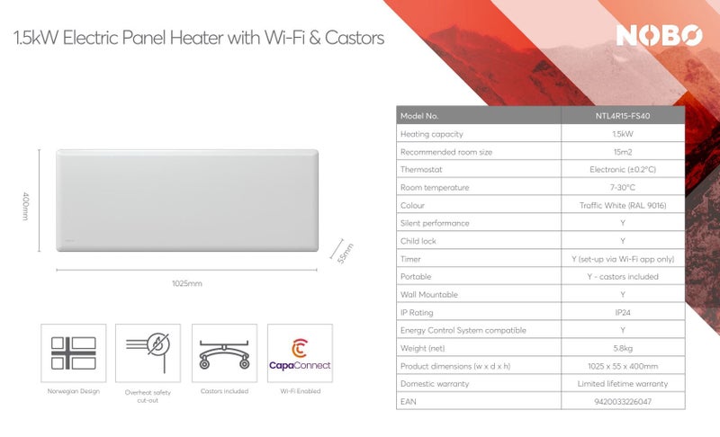 Nobo Wi-Fi WiFi Slimline Panel Heater + Castors 1500W Carousel 8
