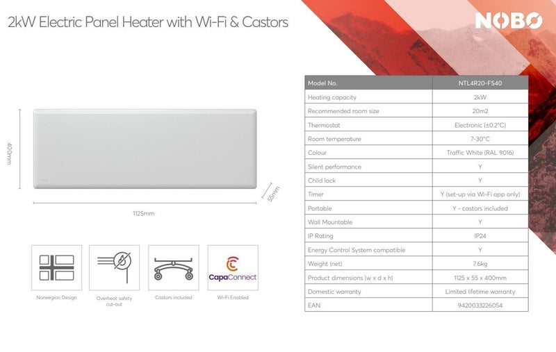 Nobo Wi-Fi WiFi Slimline Panel Heater + Castors 2000W Carousel 8